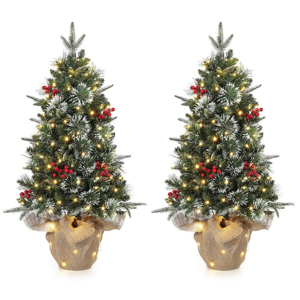 3 ft. Tabletop Christmas Tree, Pre-Lit Artificial Christmas Tree 78 Lights Red Berries for Christmas Decorations 2-Piece
