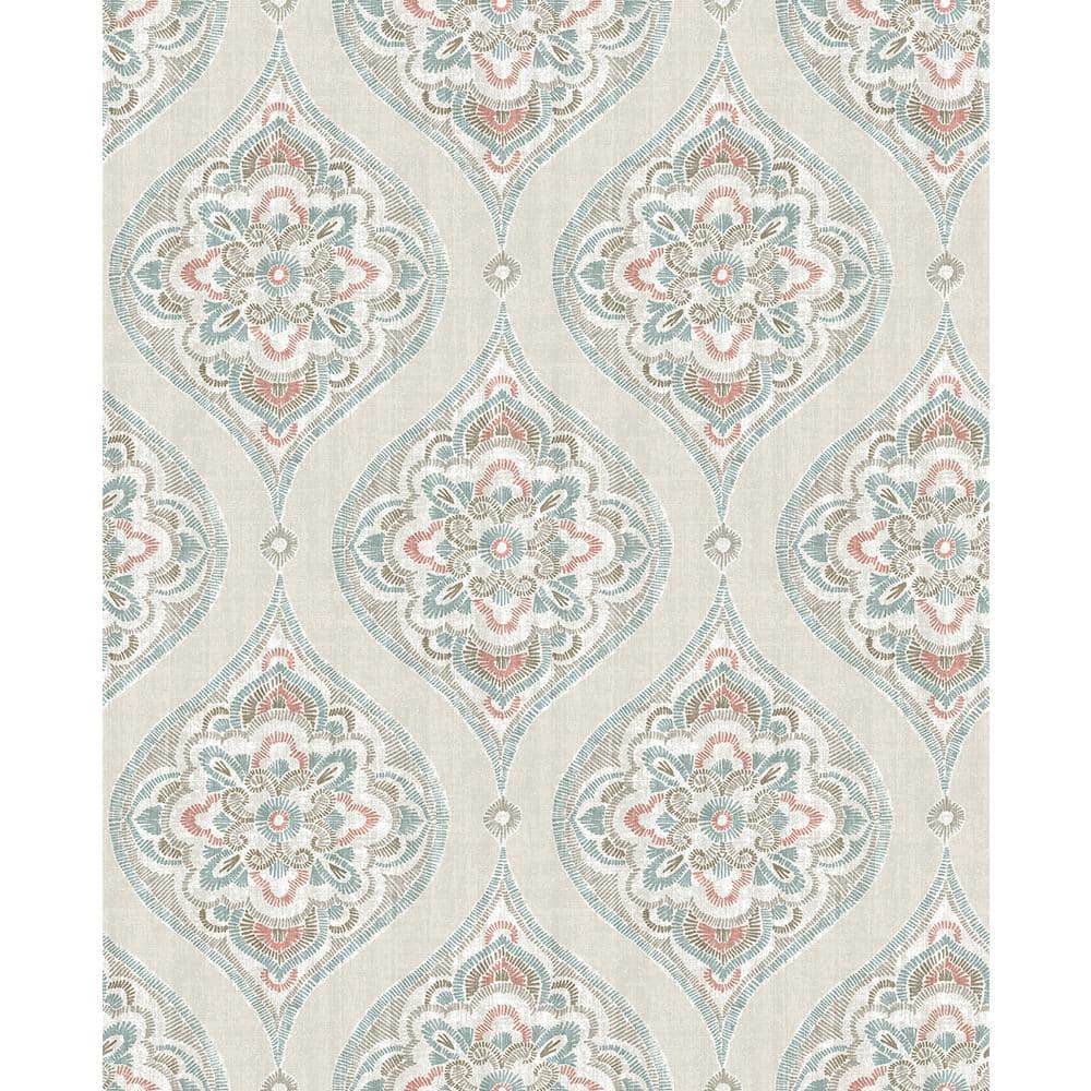 Adele Teal and Coral Damask Non-Woven Wallpaper Roll