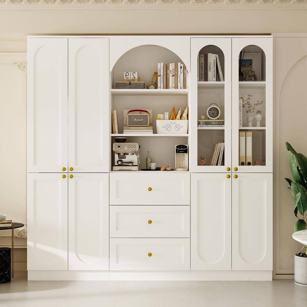 70.9 in. Tall 13-Shelf White Wood Standard Bookcase with Tempered Glass Doors, Drawers price history on PriceWatchPro