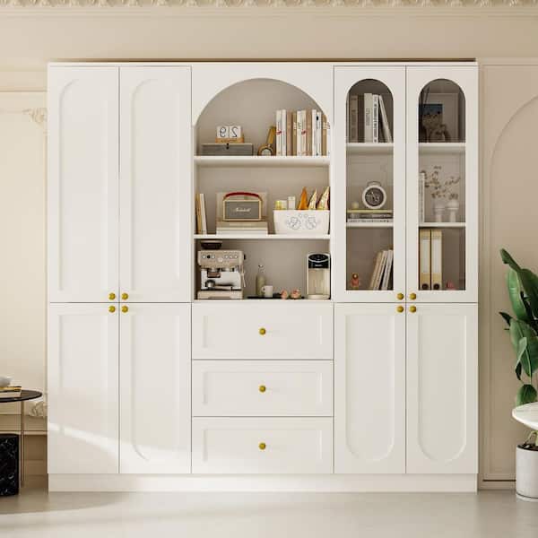 FUFU&GAGA 70.9 in. Tall 13-Shelf White Wood Standard Bookcase with Tempered Glass Doors, Drawers