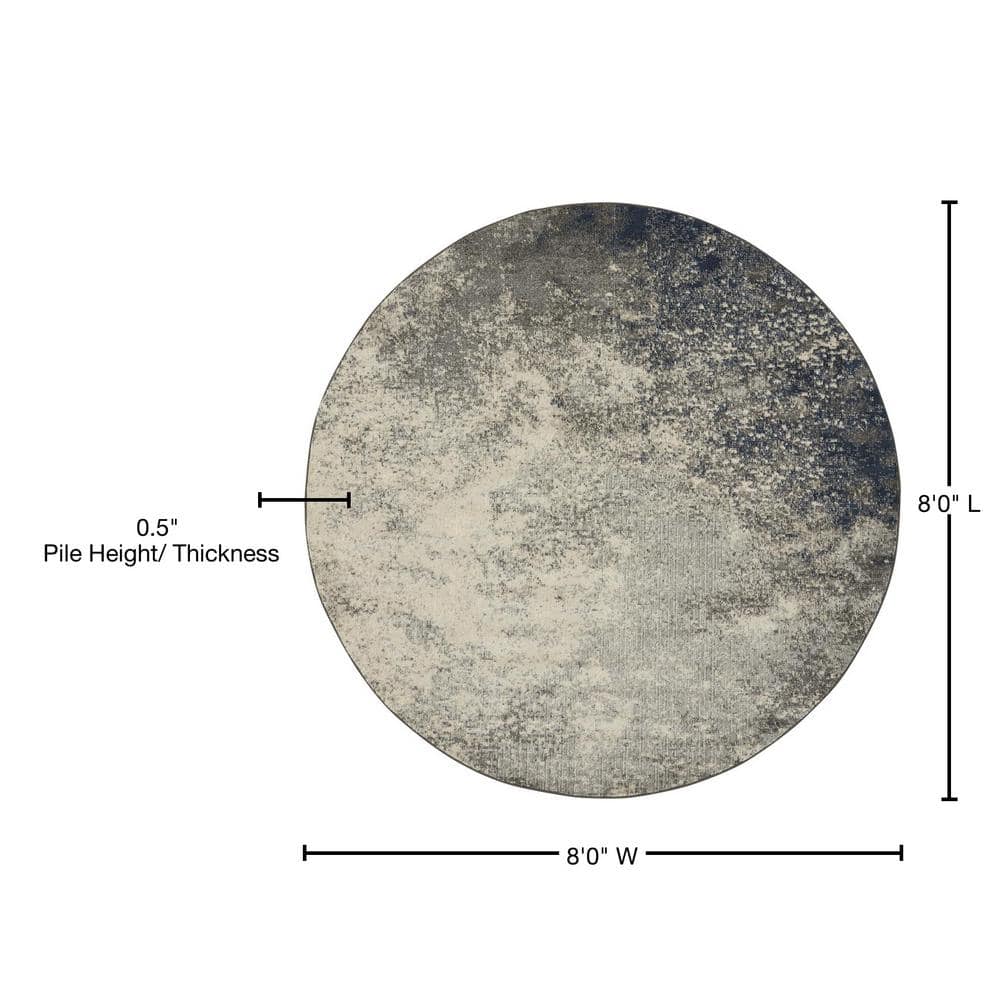 Large Round Gray and Ivory Synthetic Traditional Rug