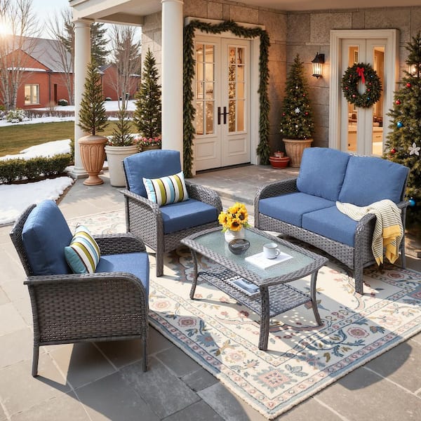 Denali Gray 4-Piece 4-Seat Wicker Modern Outdoor Patio Conversation Sofa Seating Set with Denim Blue Cushions