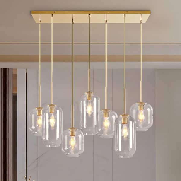 40-Watt 7-Lights Brass Modern Minimalist Linear Pendant Light with Clear Glass Shade and No Bulbs Included
