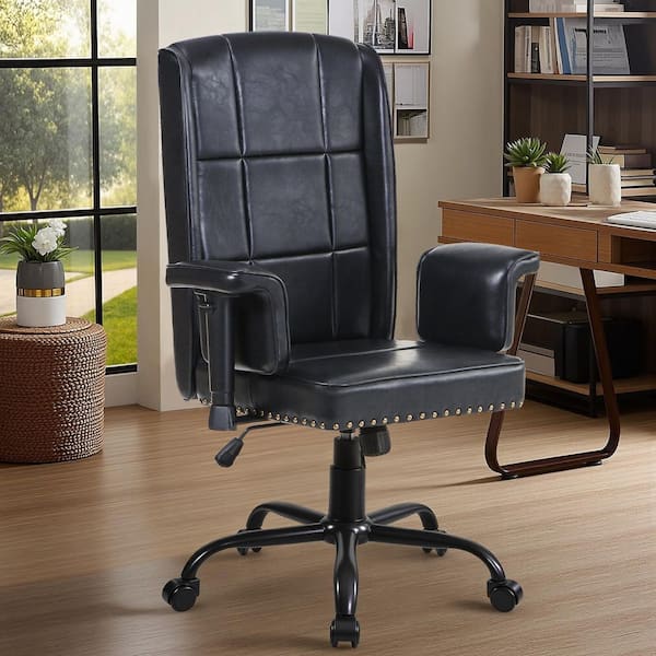 VECELO High Back Office Chair Faux Leather Wheels Task Chair in Black Style 2 with Adjustable Armrests-Swivel Desk Chair