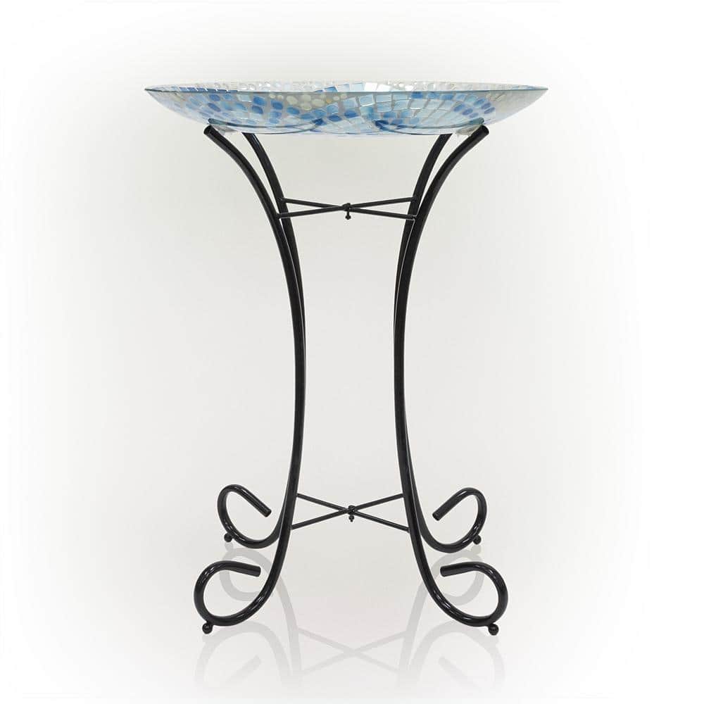 Blue Mosaic Glass Birdbath with Metal Stand, 24" Tall