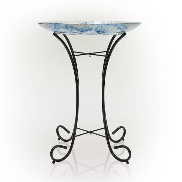 Alpine Corporation - 24 in. Tall Outdoor Mosaic Style Glass Birdbath Bowl with Metal Stand, Blue