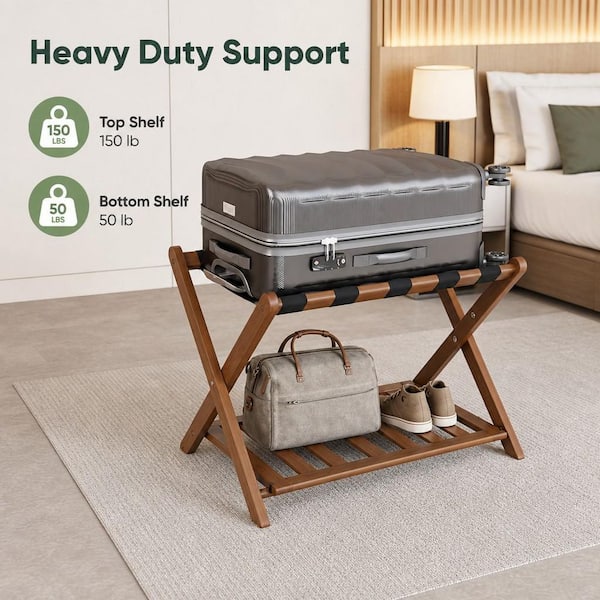 Wudkey Fully Assembled Walnut Bamboo Luggage Rack with Shoe Shelf