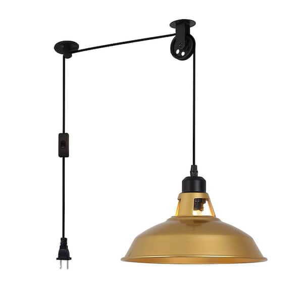 10.6 in. 1 Light Plug in Pendant Light with Gold Metal Shade and Switch, Industrial Adjustable Height Chandelier