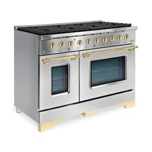 CLASSICO 48"TTL 6.7CuFt 8 Burner Freestanding Dual Fuel Range Gas Stove, Electric Oven Stainless steel with Brass Trim