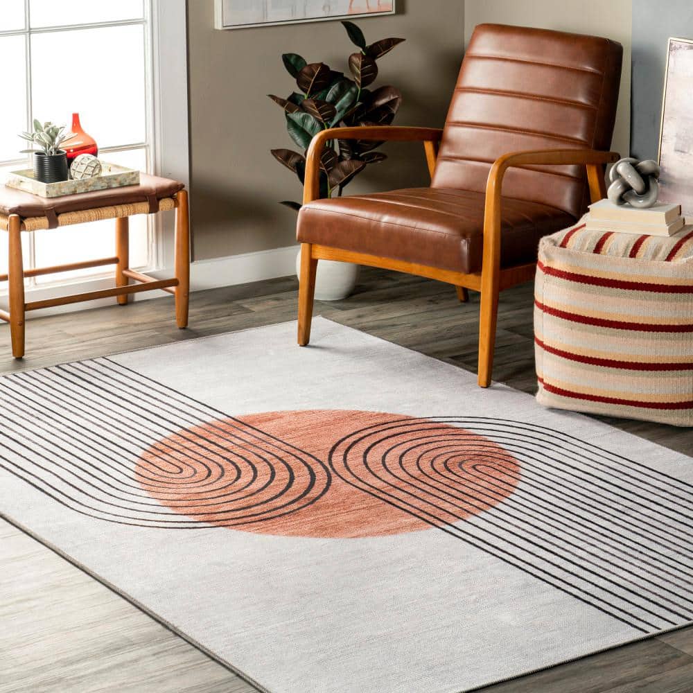 Burnt Orange and Dusty White Abstract 6' x 9' Synthetic Area Rug