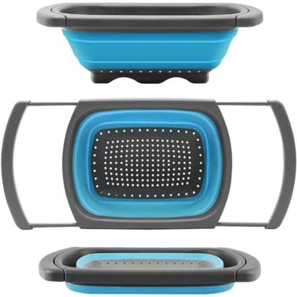 Blue Collapsible Colander with Extendable Handles, 6 qt. Over-the-Sink Vegetable and Fruit Strainer