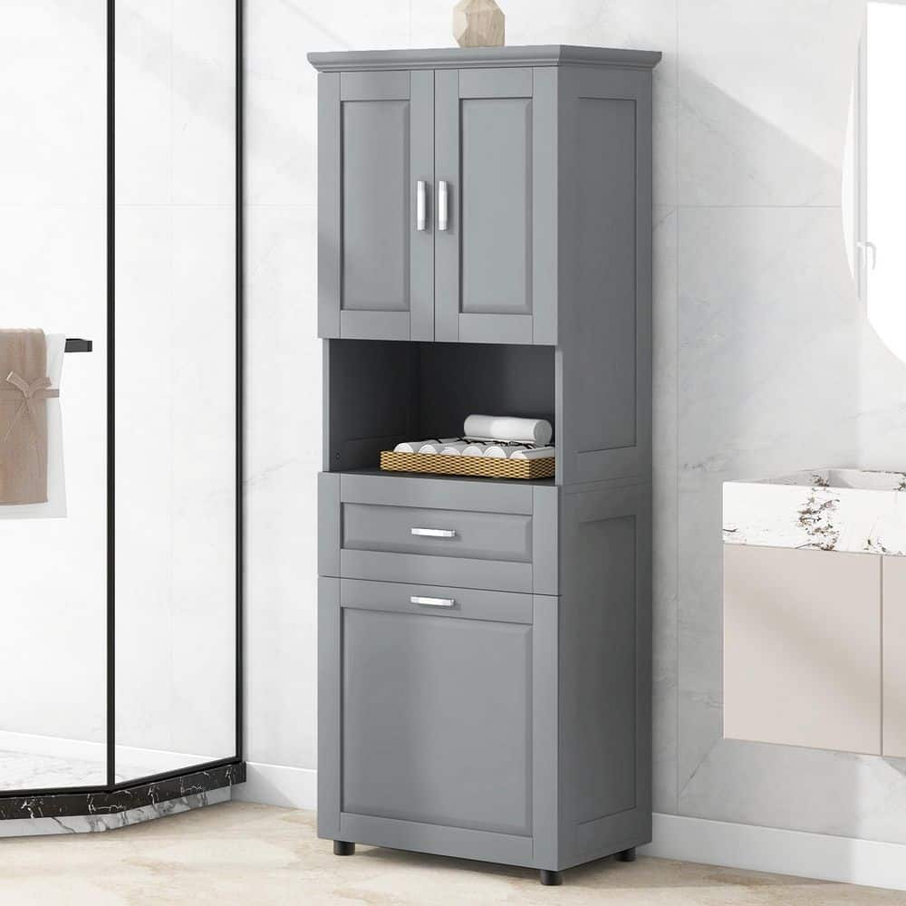 25 in. W x 16 in. D x 70 in. H Gray MDF Linen Cabinet w/Laundry Basket and Tilt-Out Laundry Hamper in Gray price history on PriceWatchPro