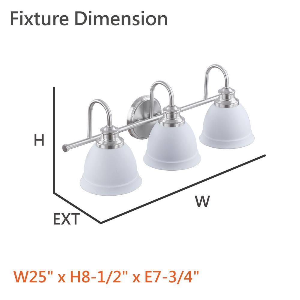 25-Inch Satin Nickel 3-Light Vanity Fixture with White Shades
