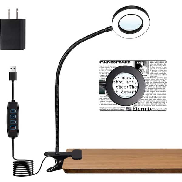 20.47 in. Black Metal LED Magnifying Clip-On Desk Lamp, 5X Glass Lens, 10 Dimming Levels, 3 Color Modes, Plastic Shade