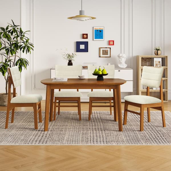 5-Piece Rectangle Brown/Beige Wood Top Dining Room Set Seats 4