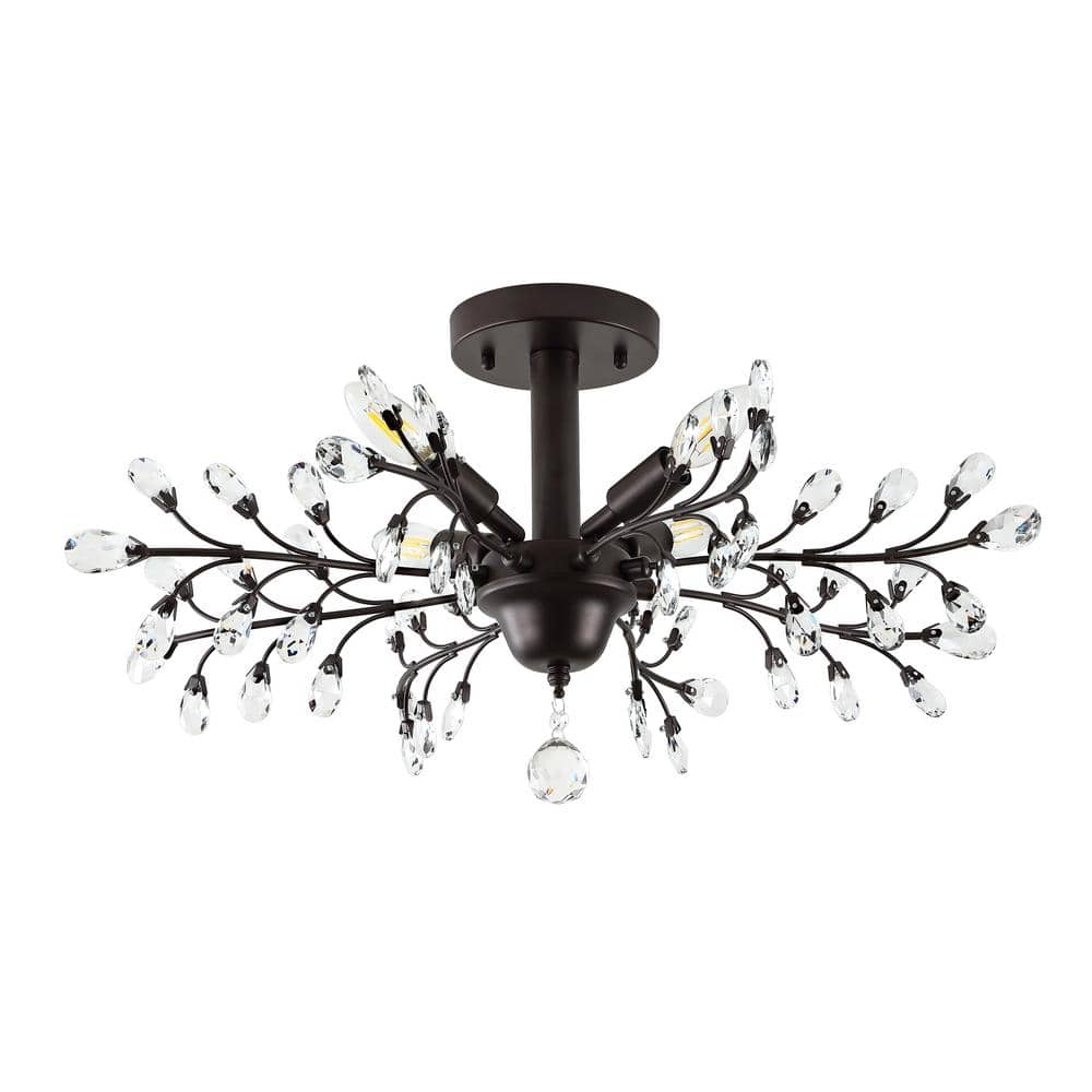 WINGBO 13 in. 4-Light Black Finish Vintage Crystal Branches Chandelier,  Semi-Flush Mount WBFM-CY01-BK - The Home Depot