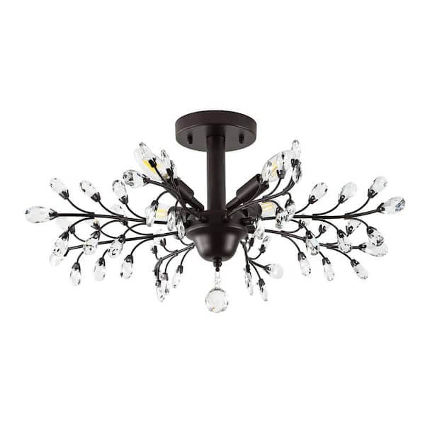 WINGBO 13 in. 4-Light Black Finish Vintage Crystal Branches Chandelier, Semi-Flush Mount