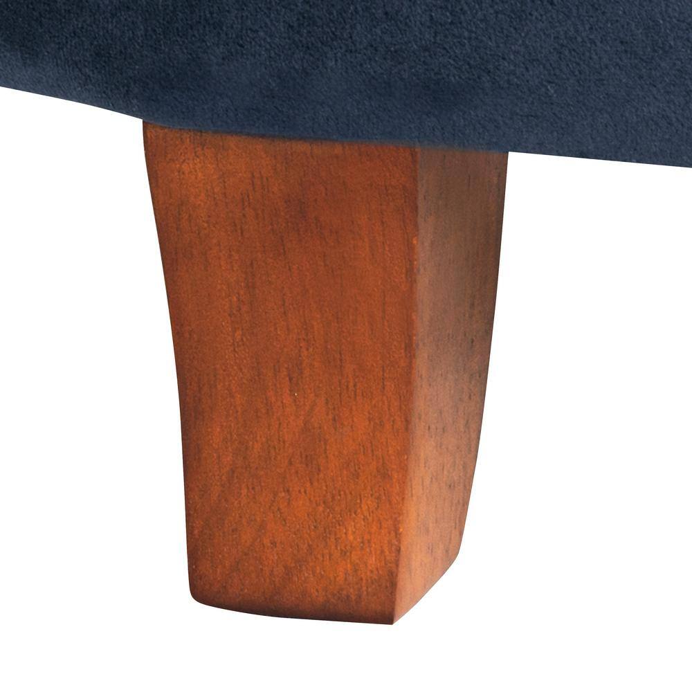Navy Velvet Round Tufted Ottoman with Rustic Wood Legs
