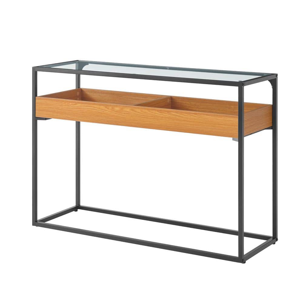 Golden Oak and Black Metal Console Table with Glass Top and Storage Shelf