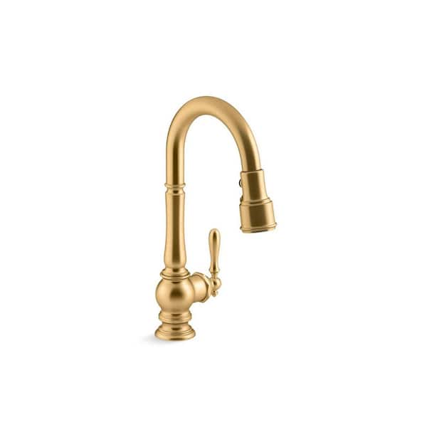Artifacts 1 Handle Pull Down Sprayer Kitchen Faucet with Secure Docking in Vibrant Brushed Moderne Brass