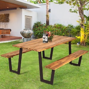 Natural Rectangle Wood Picnic Table Dining Table Set with 2 Bench Seats and Umbrella Hole