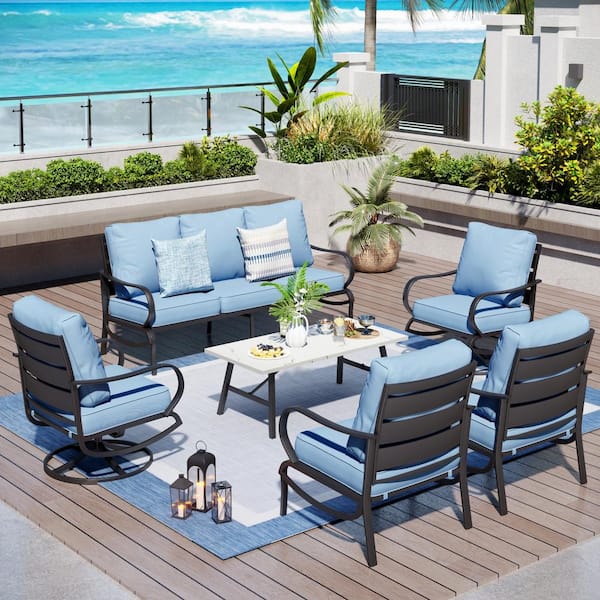 PHI VILLA Metal Slatted 7-Seat 6-Piece Outdoor Patio Conversation Set with Blue Cushions, Table with Marble Pattern Top
