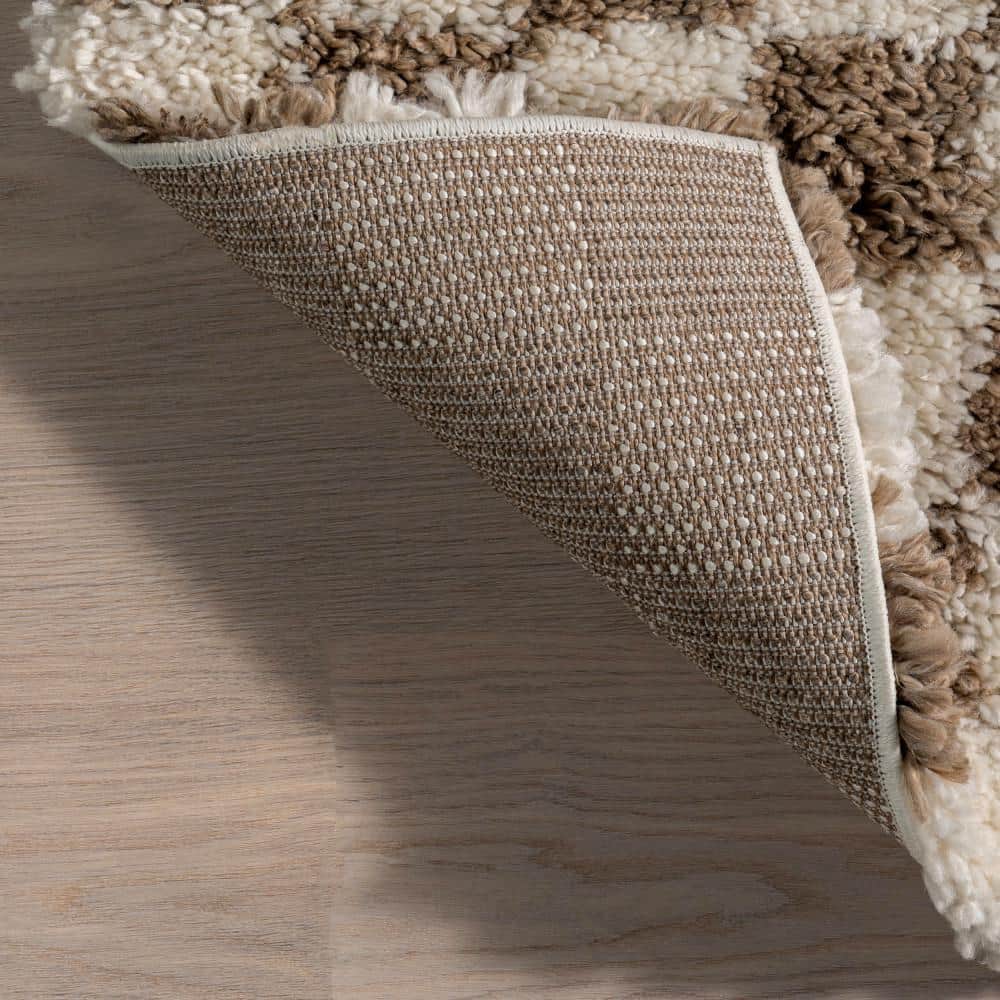 Beige and Brown Checkered Shag Synthetic Area Rug 6' x 9'