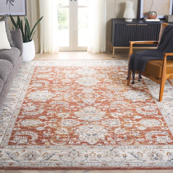 Avalon 9 ft. x 12 ft. Rust/Ivory Ornate Distressed Border Area Rug