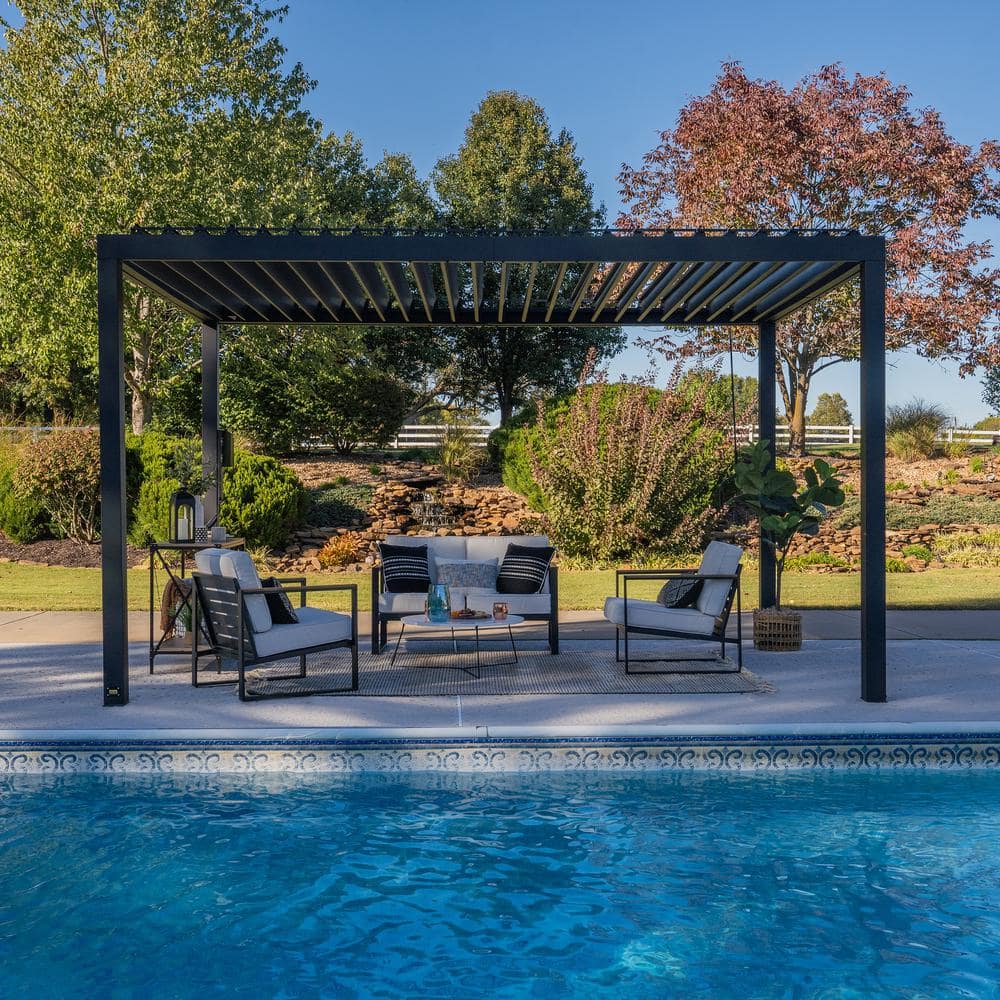 Sarasota Black Steel Louvered Pergola with Canopy