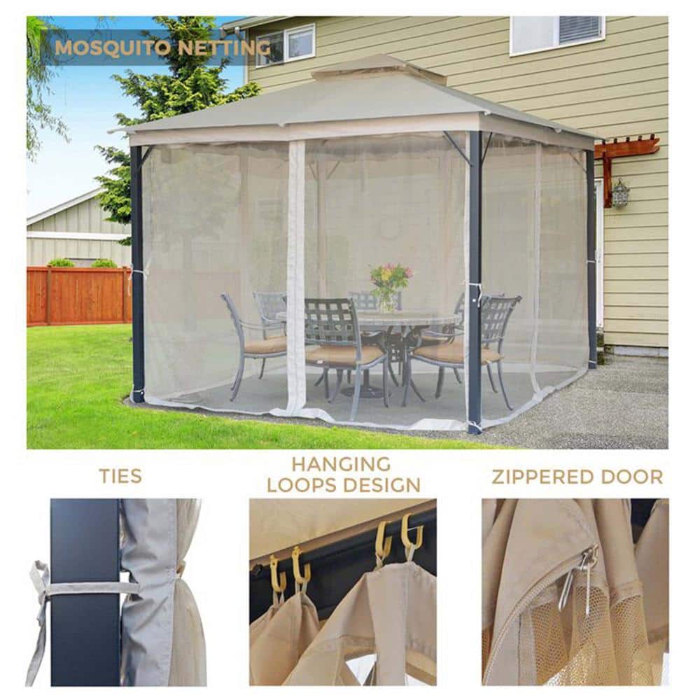 10x10 Beige Metal Patio Gazebo with Canopy and Curtains