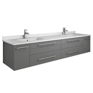 Lucera 72 in. W Wall Hung Bath Vanity in Gray with Quartz Stone Double Sink Vanity Top in White with White Basins