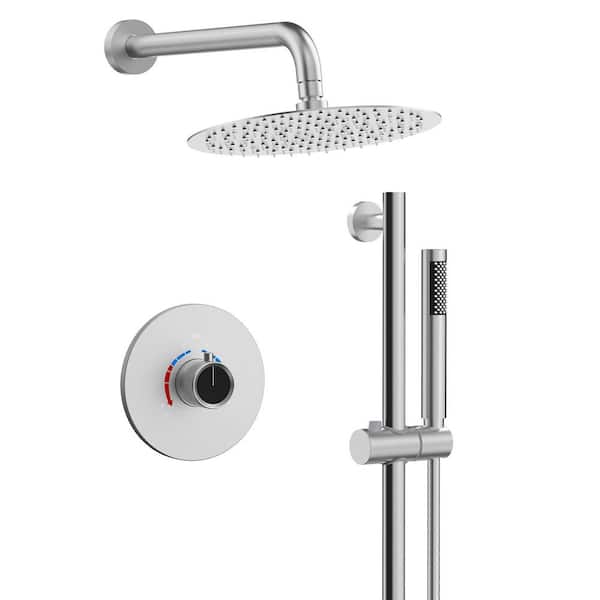 YAWWALK 2-Spray 10 in. Wall Mount Dual and Handheld Shower Head with Slider Bar 1.8 GPM in Brushed Nickel (Valve Included)