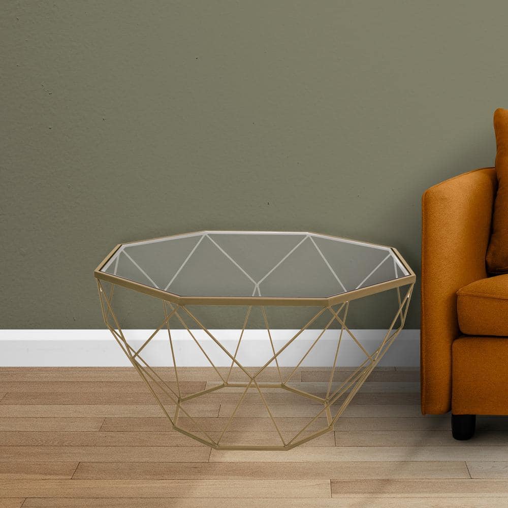 Gold Octagon Glass Top Coffee Table with Metal Base