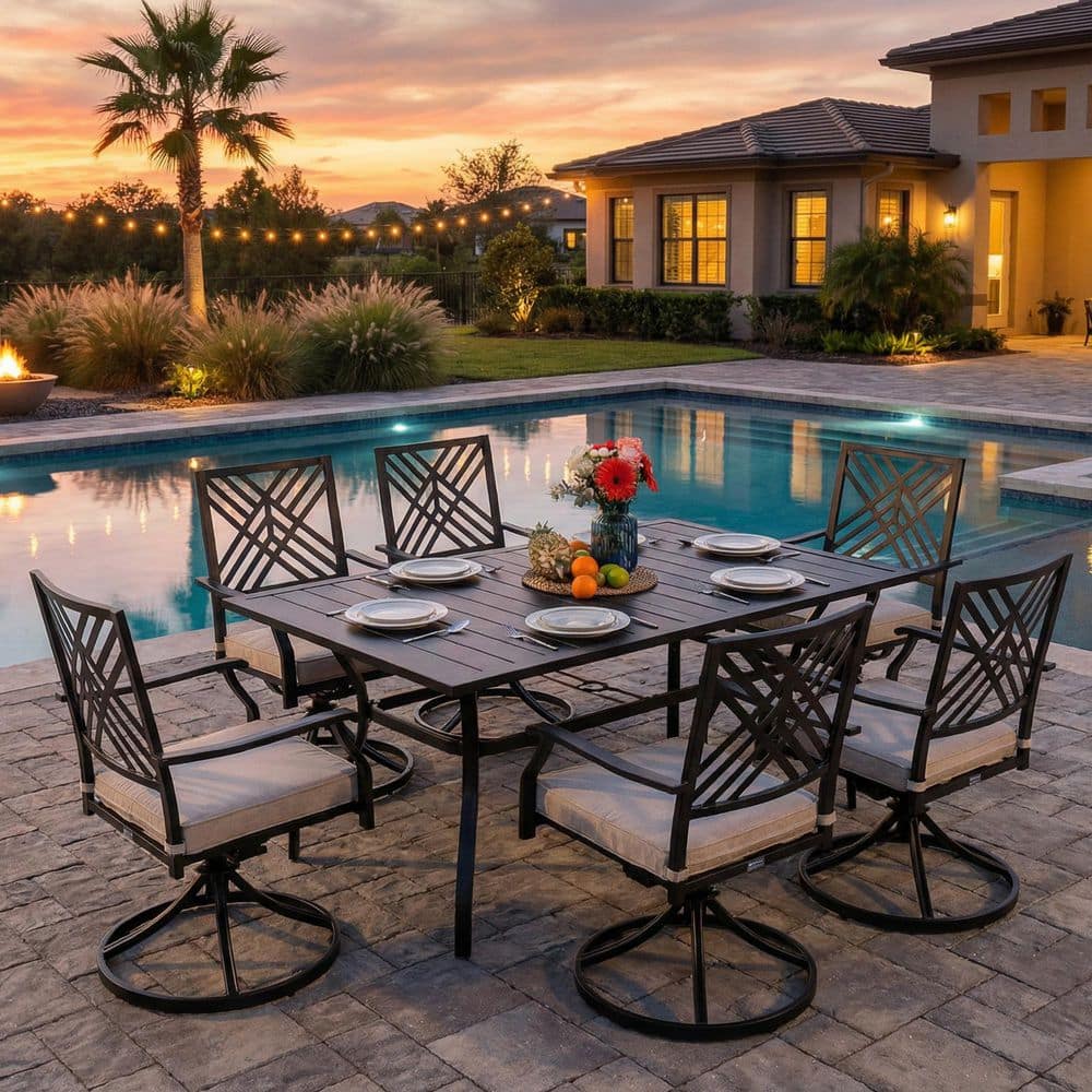 7-Piece Metal Patio Outdoor Dining Set with Beige Cushions Chairs and Table Set for Garden, Backyard price history on PriceWatchPro
