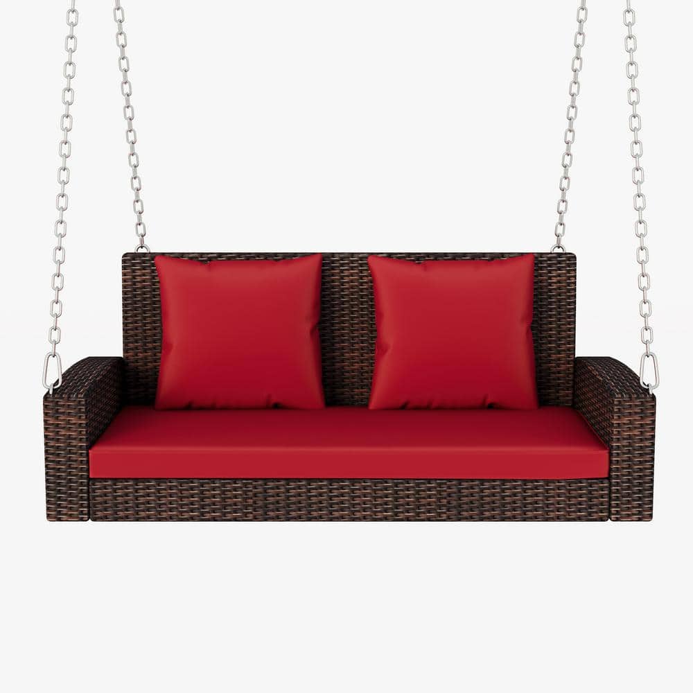 2-Person Patio Rattan Wicker Hanging Porch Swing with Red Long Cushion and 