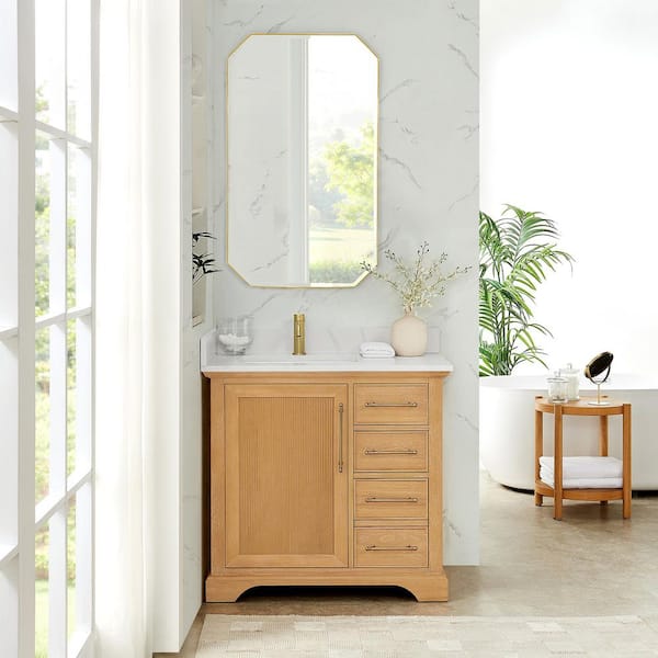 Tokyo 36 in. W. x 22 in. D x 44 in. H Single Bath Vanity in Oak Natural Brown with Silk White Quartz Stone Top