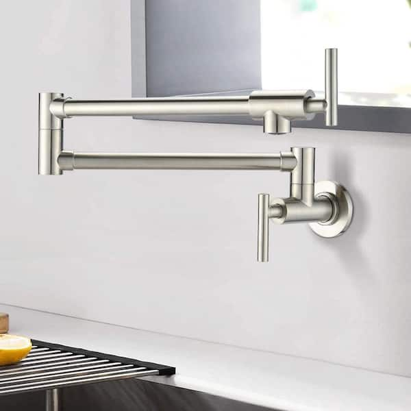 Wall Mounted Pot Filler in Brushed Nickel 360° 4 GPM Kettle Faucets for Contemporary Kitchens