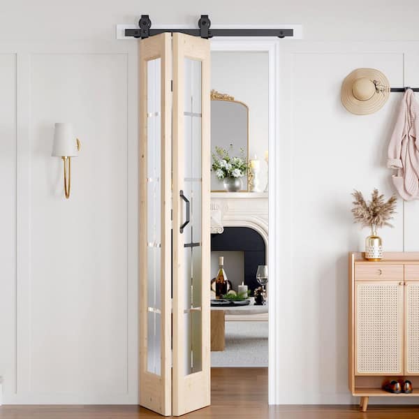 30 in. x 84 in. Full Lite Pre Assembled Frosted Glass Solid Core Wood Bi-Fold Door with Hardware