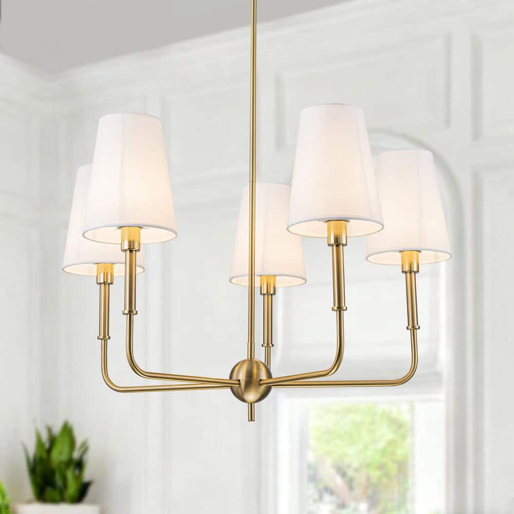 TinHon 5-Light Modern Gold Chandelier with White Fabric Shades for