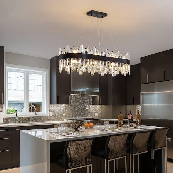 35.5 in. Dimmable 16-Light Crystal Chandelier Modern Black Rectangular Chandelier with Clear and Crystal Accents