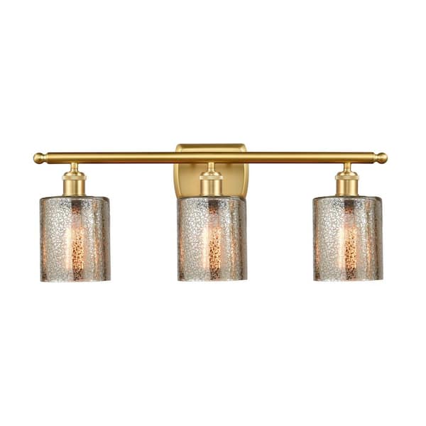 Cobbleskill 26 in. 3-Light Mercury, Satin Gold Vanity Light with Bronze Glass Shade