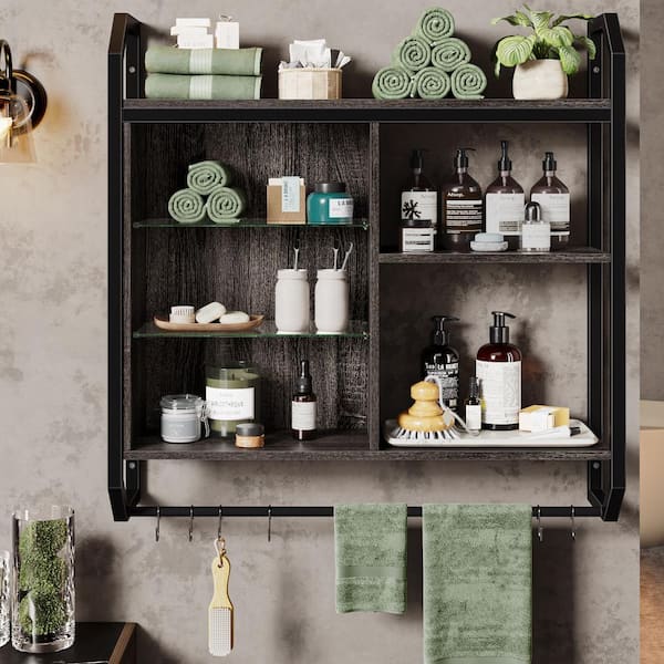 Bestier 33.07 in. W x 7.8 in. D Charcoal Composite Decorative Wall Shelf with LED Lights and Towel Rack