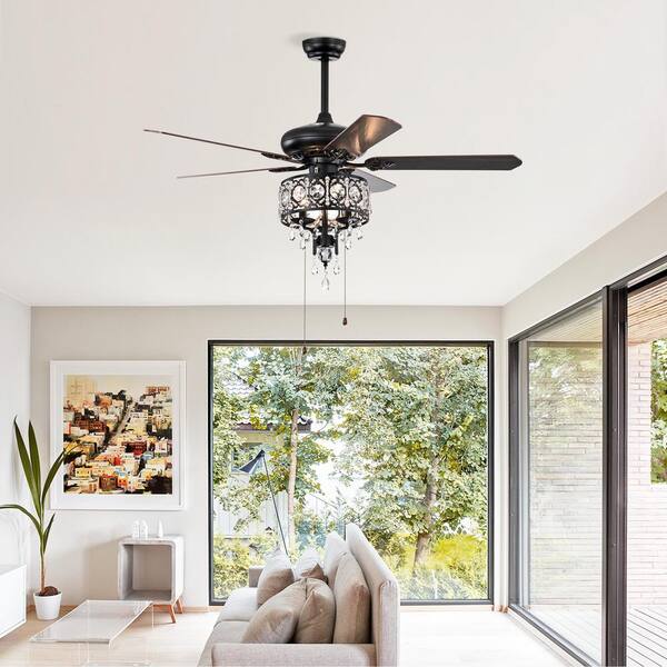 Jushua 52 in. Indoor Black Crystal Shade Ceiling Fan Lamp