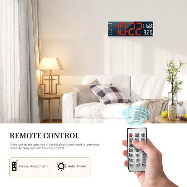 Ankilo 13-Inch Digital Wall Clock With Remote – Large Display, Auto Dimming, Alarm, Timer, Temp & Date, For Home & Office