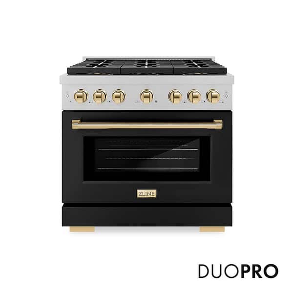 Autograph 36 in. 5.2 cu. ft. Gas Range with 6-Burner Cooktop and Gas Oven in Satin Stainless with Black Matte and Gold