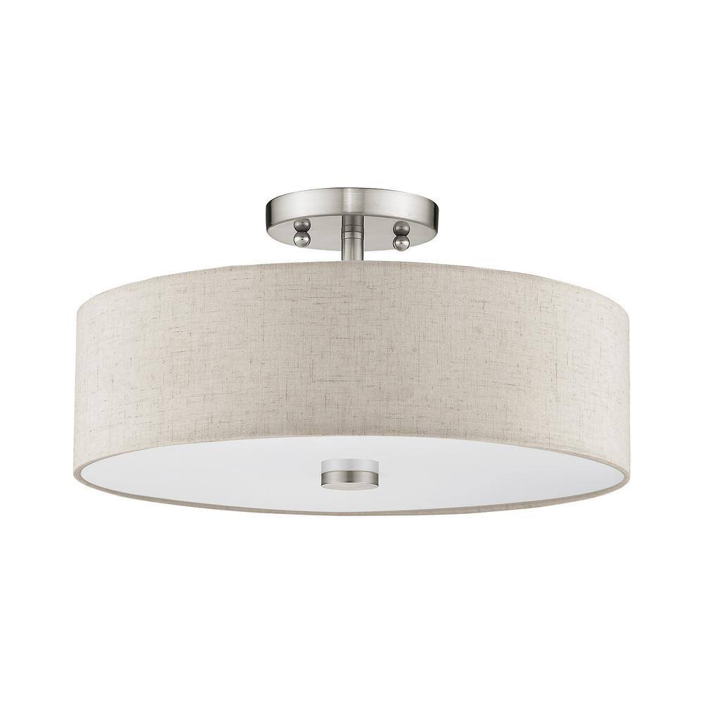 Meridian Brushed Nickel 3-Light Drum Ceiling Fixture with Oatmeal Shade