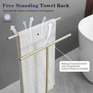 2-Tier Standing Towel Rack with Marble Base for Bathroom Floor Double-T Tall Bath Towel Sheet Holder in Brushed Gold