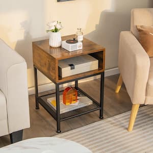 Industrial 23 in. Brown End/Side Table Nightstand with Compartment and Mesh Shelf