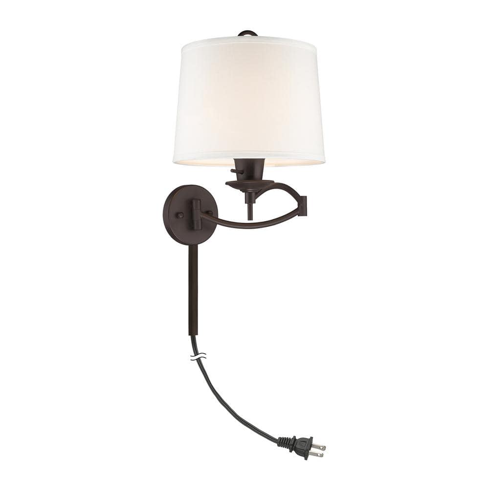 Transitional Bronze Swing Arm Wall Lamp with Off-White Linen Shade