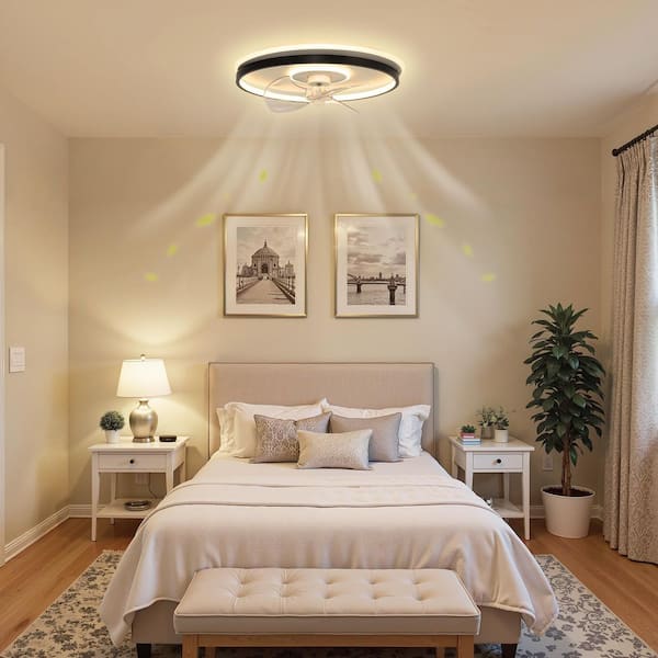 18 in. Black and White Bladeless Flush Mount Ceiling Fan Light with Remote, 3-Leaf Modern Low Profile Design for Bedroom